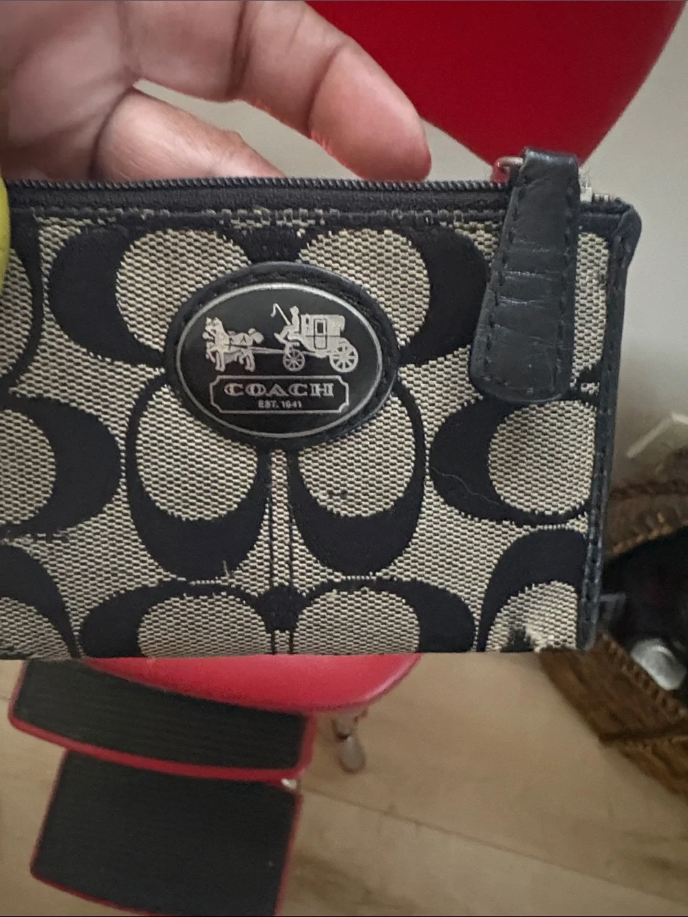 Coach Signature Canvas Card Case with Keyring in Khaki and Black
